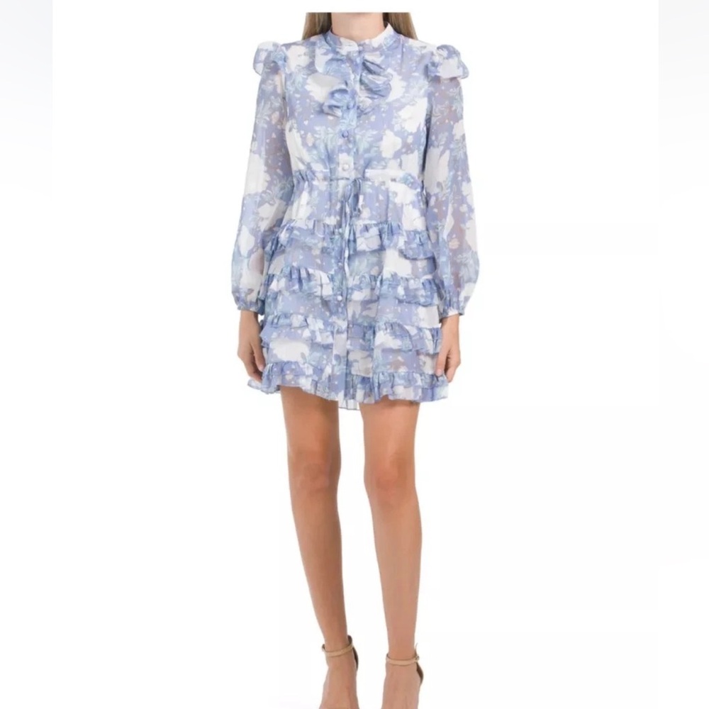 Dalia MacPhee Blue White Floral Ruffled Dress